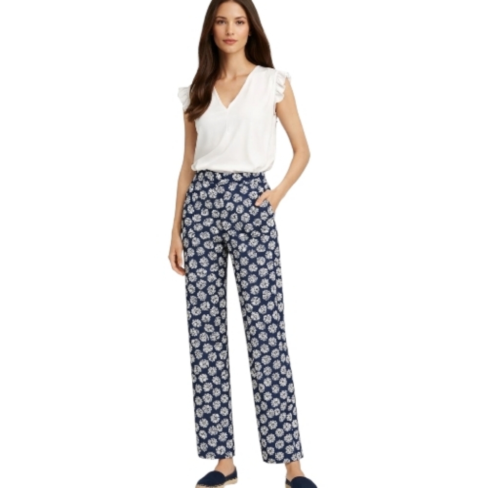 ZARA Navy Blue Printed Wide-Leg Pants – Shell Leaf Pattern, High-Waist, XS
